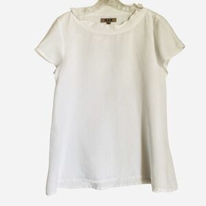 Flax Linen Top Women M White Round Neck Ruched Romantic Cottage Dainty Modest